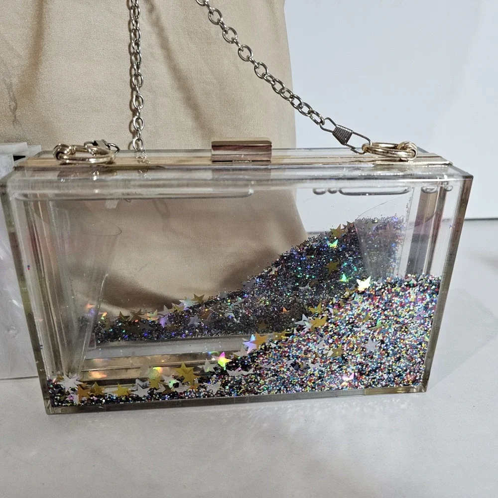 Lot 2 White Acrylic Purse Blue Evil Eye & Glitter Bomb Chain Shoulderbag Clutch